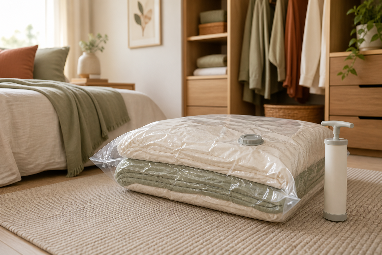 Clear vacuum storage bag filled with compressed bedding beside a manual hand pump